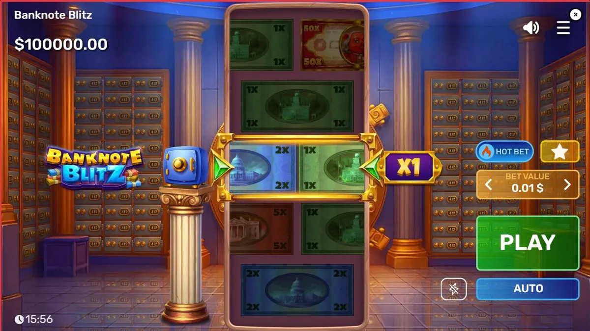 Banknote Blitz slot machine interface showing the vault theme and Win Frame