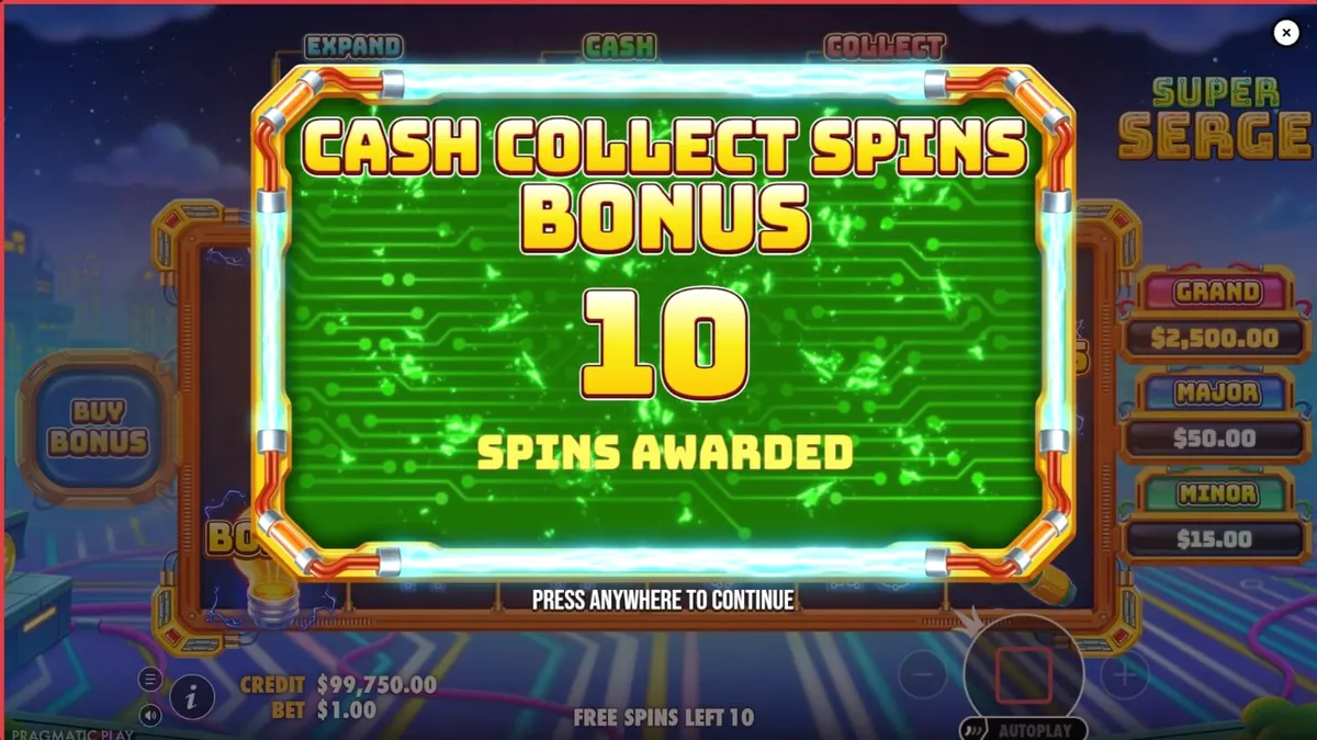 Isang makulay na neon-themed slot machine na may futuristic na disenyo at mga electrical tools.